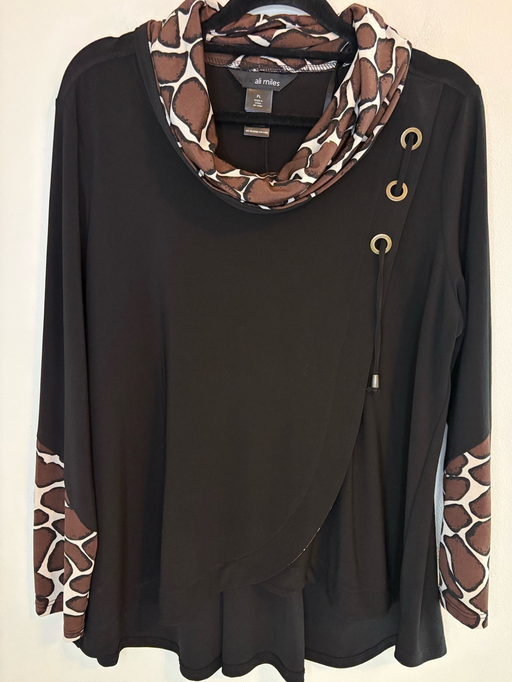 Ali Miles Black Animal Print Cowl Neck Tunic Top Petite Large